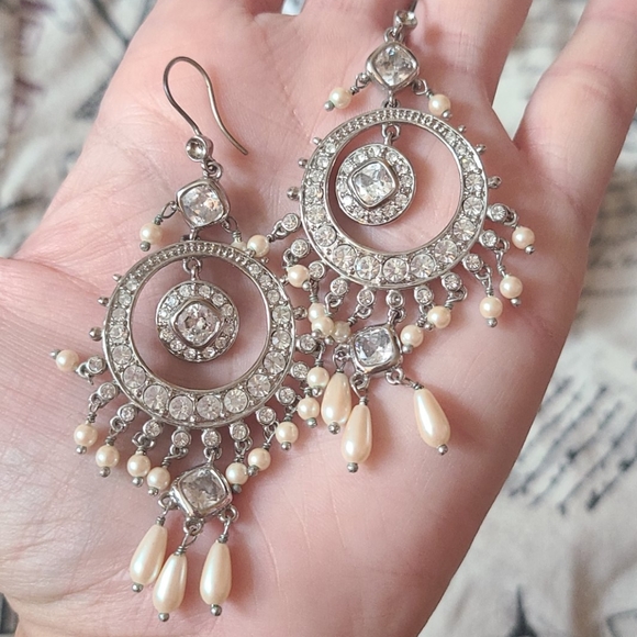 Monet Crystal and Faux Pearl Earrings - Picture 4 of 11